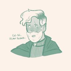 Digital art of Zolf, drawn in green from the shoulders up. He is a dwarf man with short, light wavy hair and a short beard. He wears a striped turtleneck underneath a coat. He has tears in his eyes as he says: “Cel - Cel, it’s not science.” The background is cream-coloured.