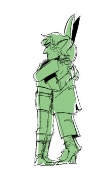 A green monochromatic digital drawing of Hamid, a halfling male, and Grizzop, a male goblin. The two are embraced in a hug with Hamid slightly up on his tiptoes. Grizzop's face is buried into Hamid's shoulder. His ears are pointed straight up. Hamid's eyes are closed and he is crying.