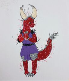 Traditional art of Azu in Meerk’s body. Meerk is a red kobold with spikes on the crown of their head and running down the top of their tail. Azu is wearing a purple dress, a pink clam necklace, metal bracelets, knee plate armour, an anklet, and a tail spike. She also wears shoulder pads, elbow pads, and a belt, all of which have spikes on them. Large blowing horns cover the kobold’s two horns; the horns are connected by jewelry. Azu has her hands clasped together and looks to the side at her tail with a satisfied expression.