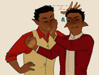 Coloured digital fanart of Ismail and Ishaq. Ismail standing next to Ishaq with one hand on his hip. He smiles as he demonstrates that he’s slightly taller than his brother by waving his hand over Ishaq’s head; there are lines to show the heigh different. Ismail, who looks annoyed, is pushing Ishaq’s face away with one hand and the other is balled up in a fist. Ishaq is wearing a cream-coloured vest over a red button-down shirt, while Ismail is wearing a dark red cardigan over a white button-down shirt. The background is off-white.