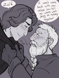 A digital drawing of Zolf and Wilde from the shoulders up. Zolf is tugging Wilde's collar so they're almost eye level, though Wilde is still looking down at him somewhat. Wilde is smirking slightly as he says, "Zolf, I won't come back with you unless you tell me where we're going on holiday together." Zolf is glaring up at him, but they're both blushing slightly. The background is grey, and most of the colors are done in grey tones.