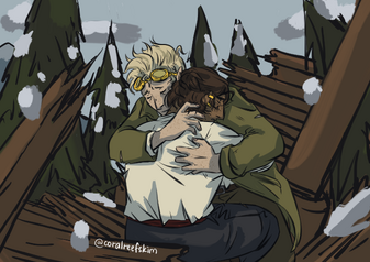 A digital illustration of Celiquillithon Sidebottom, and James Barnes from Rusty Quill Gaming. Cel is a white half-elf, with fair freckled skin, and an undercut. Their hair is blond, short, and wavy. They have green googles, and are wearing a green coat, a white button down, and dark brown trousers. Barnes is a Malay human, with freckled dark skin, and neck-length brown wavy hair. The top half is tied into a ponytail. He is wearing a white collared shirt, blue pants, and a red sash around his waist. He has ear piercings. They are hugging each other amidst a ship wreckage. It is snowing lightly.