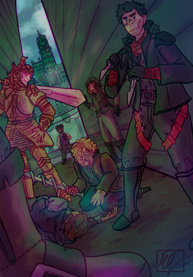 Art of the four protagonists of RQG after the first fight. They are in an alley, seen at an angle from the ground up. In the foreground is a black boot of someone offscreen. Closest is Sasha, a white human woman with short black hair, dressed in black clothing with knife belts. She is holding a knife in each hand with a scared expression. Behind her is Zolf, a white dwarf man with blond hair and a beard, wearing a brown coat. He is kneeling down, holding a partially offscreen trident with one hand and curing an unconscious figure on the ground. Bertie, a white human man in fancy golden armour, stands proudly over the figure, holding a huge sword behind his back. Another figure in a hood is further back in the alley, staring in terror at the scene. At the very back of the alley is Hamid, a brown halfling man with brown hair, wearing a formal shirt and vest. He looks intimidated. Big Ben can be seen in the background.
