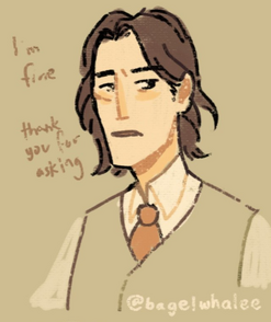 A digital sketch of Wilde, a white human male. He is wearing a tan suit vest with a red tie and a white long sleeve shirt under it. He is looking off screen to the right with his mouth open. There's a scar high on his right cheek. There's text next to him on the left that read: I'm fine thank you for asking.