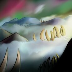 Coloured digital art of a landscape, seen from above cloud cover. Huge animal bones and mountains both peek through the fluffy clouds, while above the clouds is a multicoloured borealis.