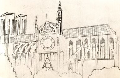 Traditional drawing of the cathedral of Notre-Dame, a large building in the French Gothic style of architecture and flying buttresses. This drawing features a large stained glass window of the sun to represent Apollo.