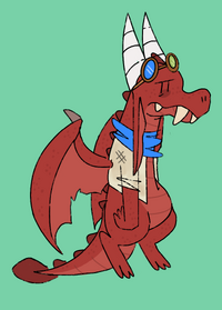 A digital drawing of Sassraa, a red kobold with red wings and white horns. She is standing in a white jacket and blue handkerchief. Her hands are down by her sides and her ears and flopped. There’s a neutral expression on their face and they’re looking straight ahead, off to the right. There’s a set of goggles resting on their forehead. The left lens is green while the right one is blue. The background is a light green.