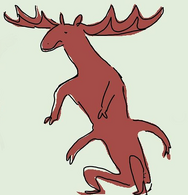 A sketch of a brown moose centaur against a pale green background. The moose is the top half, with two front paws, and the human half is the bottom half. The human half is crouching, and has both arms and legs.