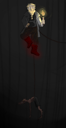 A digital drawing of Zolf, a white dwarven male, and Skraak, a bronze kobold. Towards the top is Zolf, he's wearing all black with a grey long coat. He's holding a flaming torch in his left hand that shows his face. His boots are glowing red. Attached to him by rope and hanging below him is Skraak, whi is wearing black shorts. Skraak is dangling from their midsection and his face is pointed to the left and he is looking off screen. They are in a dark tunnel.