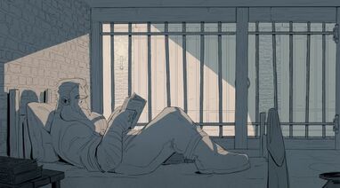 A black and white drawing of Zolf, a white dwarven man who is laying in a jail cell propped up against a pillow at the head of the bed. He is reading a book with his eyes wide. There is a shadow cast over most of his right side.