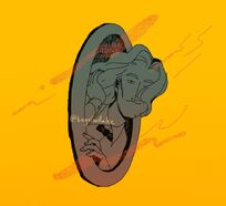 A yellow and gray sketch of Wilde, sticking his head out of a porthole. He has a smug look on his face, and is running one hand through his hair.