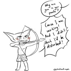 A digital drawing of Grizzop, a goblin male. He is wearing only boxers with arrows on them. He is casting a bow and arrow in his hands. There is a red blush on his cheeks. A speech bubble from offscreen reads: Why are you in your pants? Under it, a speech bubble from Grizzop reads: Cause I was working! And I didn't think I'd be disturbed.