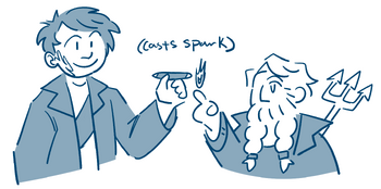 A digital monochrome sketch of Zolf lighting Sasha's cigar. Sasha is a human woman with short, dark hair and a burn scar on the right side of her face. She is wearing a jacket and smiling as she holds up a cigar. Zolf is a dwarven man with two long beard plaits; he has a trident strapped to his back and there is a flame above his finger as he lifts it to Sasha's cigar. Above, the text reads "(cast spark)".