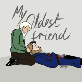 A digital drawing of Zolf and Wilde. Zolf, a white dwarf man with short white hair and a white beard, is wearing a green sweater and brown pants with black shoes. His eyes are closed and he is looking down with a pained expression. He is kneeling and holding Wilde’s head in his lap. Wilde, a white human with medium length blond hair, is in a blue suit. There’s a scar on the right side of his face. His eyes are closed and his arm is laying on his chest where there is a large blood stain. The top half of the background is a light grey while the bottom half in a slightly darker grey. Behind them in dark grey text reads My Oldest Friend.