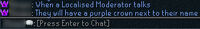 A Local Moderator talks in-game. A purple crown appears next to the moderator's name in chat.