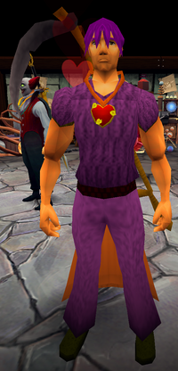 S U O M I is facing to the side, wearing a 10-year veteran cape, a purple T-shirt, purple pants, and green boots.