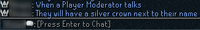 A Player Moderator talks in-game. A silver crown appears next to the moderator's name in chat.