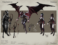 The concept art of a female vyrewatch, depicting both its humanoid and vampyre forms.