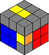 In this example, we have a yellow-orange cross piece and a yellow-red piece on the U face. The first case tells us to rotate the R face clockwise to put the cross piece up there. Before you do that, rotate the U face 180°.