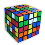 A scrambled 5x5 Rubik's Cube.
