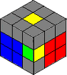 If you have something similar to this on your cube, start by rotating the F face counter-clockwise to move the yellow color to the U face.