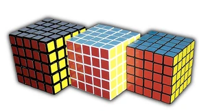 From left to right: Rubik's Professor's Cube, V-Cube 5, Eastsheen cube.