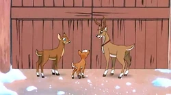 Blitzen, Mitzi and Rudolph outside Santa's Workshop