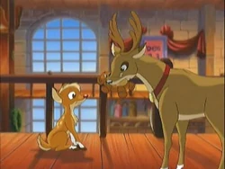 Blitzen giving a teddy to Rudolph.