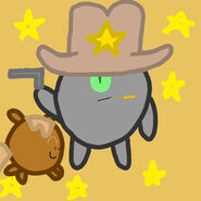 Cowboy A.K.A the sheriff(He carries a gun and has a pet horse. He has a wheat in his mouth cause I seen movies where the cowboys have wheat in their mouths but idk why...)