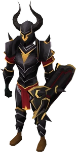 Pelaajalla varustettuna black gold-trimmed armour set