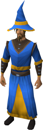 Pelaajalla varustettuna gold-trimmed blue wizard set