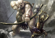 Artwork of an ogre about to shoot an Ogre bow from behind a goblin