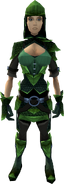 A female player wearing a green dragonhide armour set.