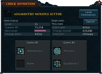 Checking an augmented weapon; experience is displayed, with a pink bar to show progress to the next level.