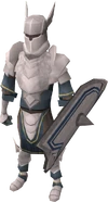 A male player wearing a white knight armour set.