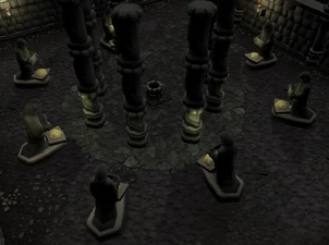 Templo Paterdomus, com as estátuas dos Sete Guerreiros Sacerdotais.