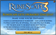 A popup displayed upon logging in on  , announcing the upcoming release of RuneScape 3.