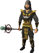 A male player wearing Zuriel's robes and staff