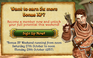 Message displayed to free-players after logging in one day before and during the whole weekend offering a 5x XP bonus if they subscribe.