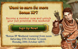Message displayed to free-players after logging in one day before and during the whole weekend offering a 5x XP bonus if they subscribe.