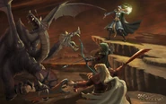 A group of players fighting the dragon as depicted in art