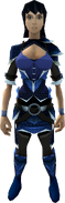 A female player wearing trimmed blue dragonhide armour.