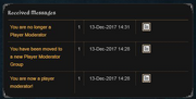 Message centre - receiving and losing player moderator status