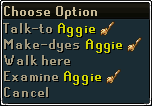 Aggie the witch in Draynor Village, showing her right-click options with the miniature icon for the Swept Away quest