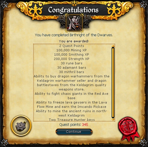 Birthright of the Dwarves reward