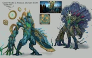 Original concept art from the early design stages, featuring the "anima knight" concept for Telos and the unused "mushroom" form of Telos.