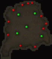 The locations of the roots (red dots) and fire pits (green dots) in the first room