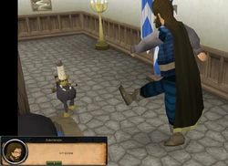 Awowogei being kicked by Duke Horacio at the Secret Council of RuneScape meeting