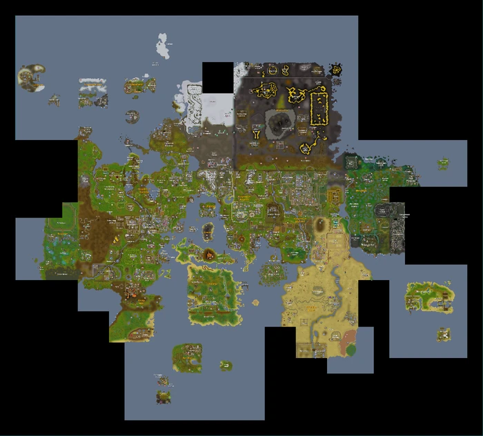 La carte de RuneScape avec les lieux identifiés (en anglais).