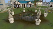 Around the pond in Falador Park, all of the memorial statues of the fallen heroes circle it.